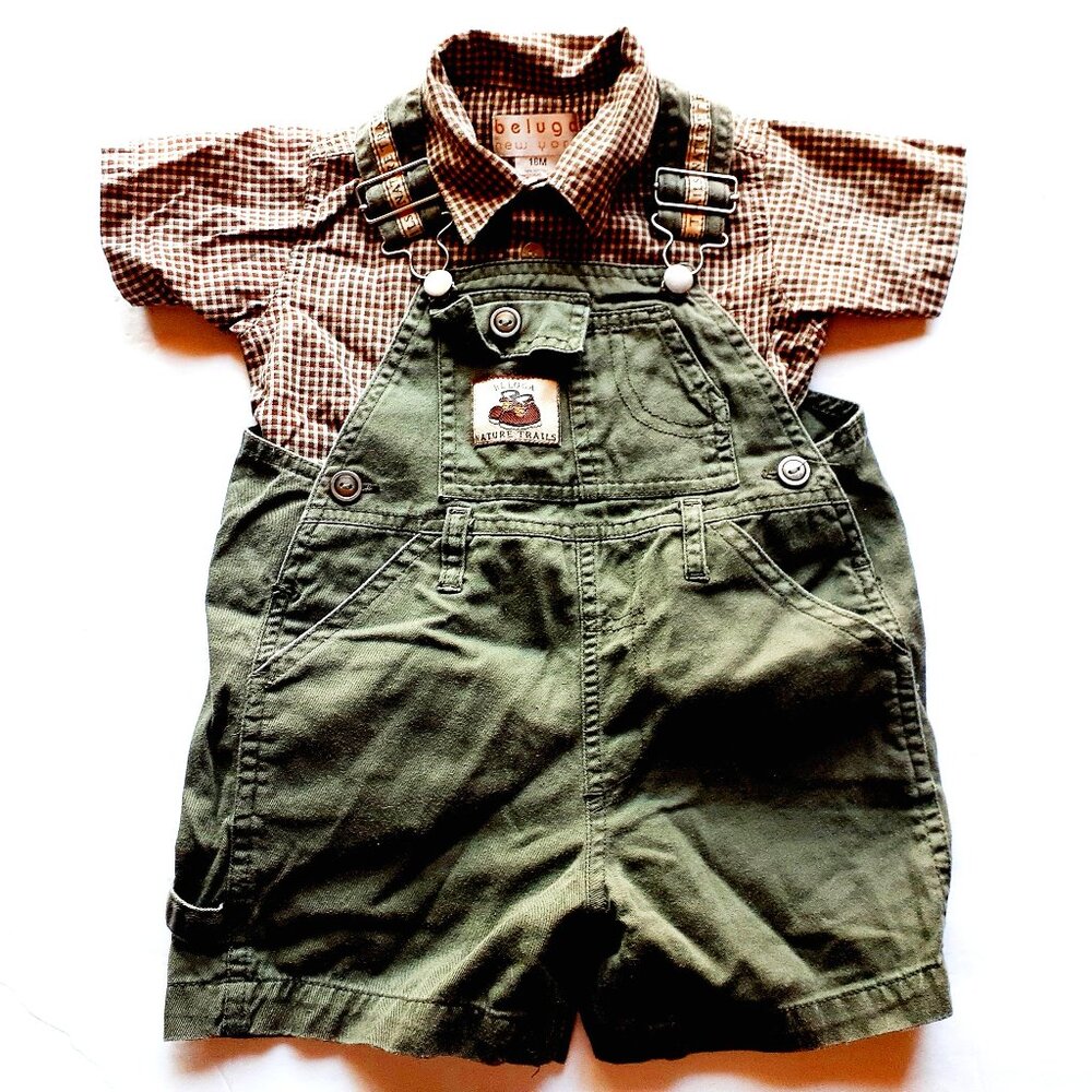 Vintage Beluga Boys Outfit Shirt Overall Shorts Hiking Plaid Green Tan 18 Months